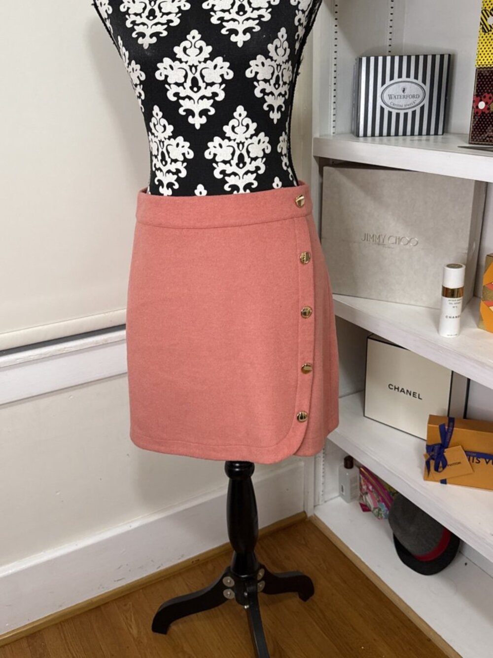 Ann Taylor Loft Wool Blend Peach Skirt gold buttons side size 4 Fully Lined